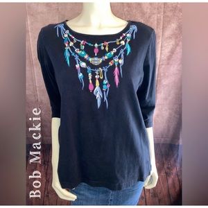 Bob Mackie Wearable Art Feather & Bead Necklace T-shirt Size Medium-GUC